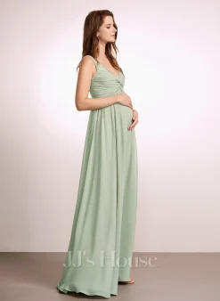 JJsHouse Robe Trapèze Col V Longueur Ras Du Sol Mousseline Robe De Demoiselle D'honneur - Enceinte Avec Plissé -Voiles mariée soldes 1c210d622e9e0157e68305c6795b788c