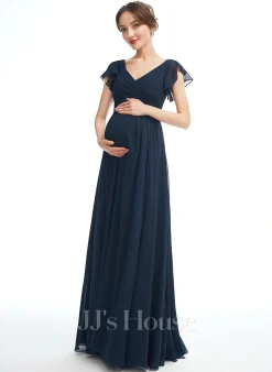 JJsHouse Robe Trapèze Col V Longueur Ras Du Sol Mousseline Robe De Demoiselle D'honneur - Enceinte Avec Plissé