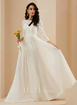 JJsHouse Robe Trapèze Scoop Balayage/pinceau Train Mousseline Dentelle Robe De Mariée