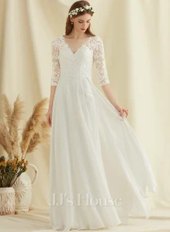 JJsHouse Robe Trapèze Col V Longueur Ras Du Sol Mousseline Dentelle Robe De Mariée 13 JJsHouse Robe Trapèze Col V Longueur Ras Du Sol Mousseline Dentelle Robe De Mariée -Voiles mariée soldes 344d9515fa5c78168ccedcd251ab25c4