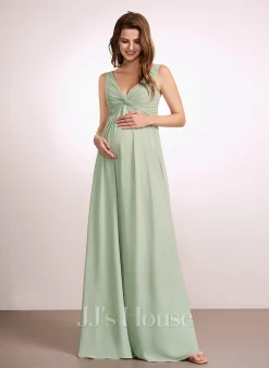 JJsHouse Robe Trapèze Col V Longueur Ras Du Sol Mousseline Robe De Demoiselle D'honneur - Enceinte Avec Plissé -Voiles mariée soldes 3753f94de68c72e46df0bb6e4c474b32