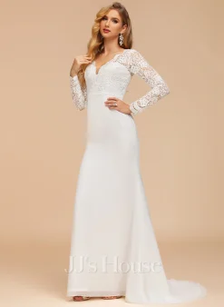 JJsHouse Forme Sirène/trompette Col V Balayage/pinceau Train Mousseline Dentelle Robe De Mariée -Voiles mariée soldes 381f8d88e331473cd6be8e306b25c1a7