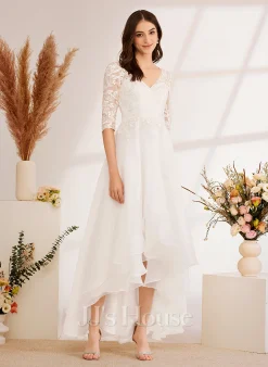 JJsHouse Robe Trapèze Col V Asymétrique Dentelle Tulle Robe De Mariée Avec Brodé Paillettes -Voiles mariée soldes 485c4bcfdb5343b25bd4f27c14e17a9c