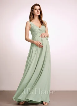 JJsHouse Robe Trapèze Col V Longueur Ras Du Sol Mousseline Robe De Demoiselle D'honneur - Enceinte Avec Plissé