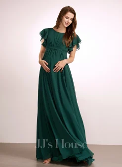 JJsHouse Robe Trapèze Scoop Longueur Ras Du Sol Mousseline Robe De Demoiselle D'honneur - Enceinte Avec Plissé