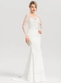 JJsHouse Forme Sirène/trompette Col V Balayage/pinceau Train Dentelle Crêpe Stretch Robe De Mariée Avec Brodé Paillettes