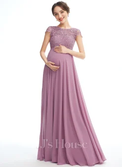 JJsHouse Robe Trapèze Scoop Longueur Ras Du Sol Mousseline Dentelle Robe De Demoiselle D'honneur - Enceinte