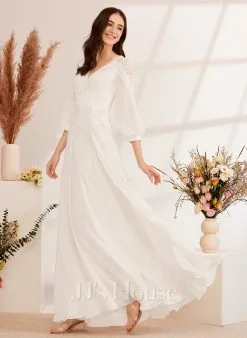 JJsHouse Robe Trapèze Col V Longueur Ras Du Sol Mousseline Robe De Mariée