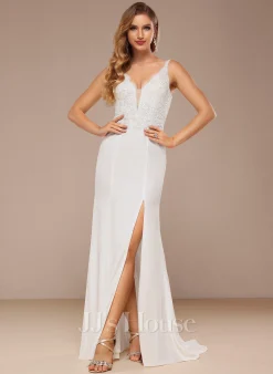 JJsHouse Forme Sirène/trompette Col V Balayage/pinceau Train Mousseline Dentelle Robe De Mariée Avec Paillettes -Voiles mariée soldes 8a97f833e6157623ff7d41f780f82a08