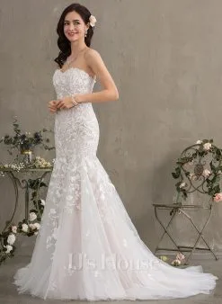 JJsHouse Forme Sirène/trompette Cache Cœur Traîne Moyenne Dentelle Tulle Robe De Mariée -Voiles mariée soldes 9b360368fa207094be1e119081e60fa8