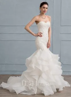 JJsHouse Forme Sirène/trompette Cache Cœur Balayage/pinceau Train Dentelle Organza Robe De Mariée