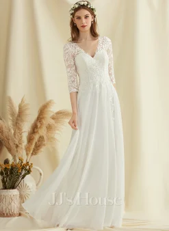 JJsHouse Robe Trapèze Col V Longueur Ras Du Sol Mousseline Dentelle Robe De Mariée