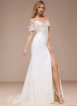 JJsHouse Forme Sirène/trompette Accueil Froid Traîne Moyenne Mousseline Dentelle Robe De Mariée Avec Paillettes