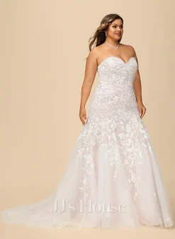 JJsHouse Forme Sirène/trompette Cache Cœur Traîne Moyenne Dentelle Tulle Robe De Mariée -Voiles mariée soldes b1dae46bf124aa404783729ddbf1f517