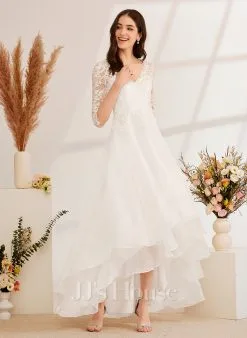 JJsHouse Robe Trapèze Col V Asymétrique Dentelle Tulle Robe De Mariée Avec Brodé Paillettes