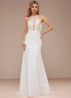 JJsHouse Forme Sirène/trompette Dos Nu Balayage/pinceau Train Mousseline Dentelle Robe De Mariée Avec Paillettes