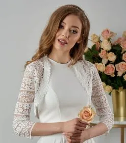 Boléro De Mariage Dentelle Guipure Ivoire Manches 3/4 Cathy