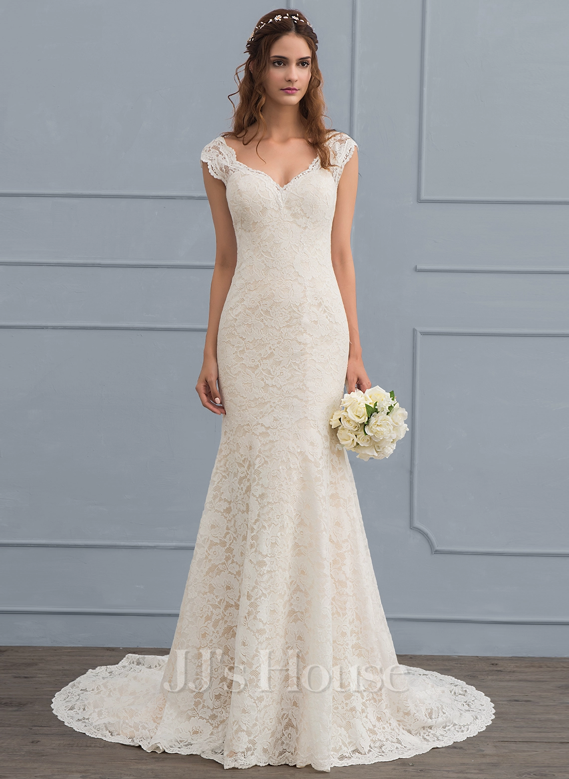 JJsHouse Forme Sirène/trompette Col V Traîne Moyenne Dentelle Robe De Mariée 1 JJsHouse Forme Sirène/trompette Col V Traîne Moyenne Dentelle Robe De Mariée