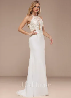 JJsHouse Forme Sirène/trompette Dos Nu Balayage/pinceau Train Mousseline Dentelle Robe De Mariée Avec Paillettes -Voiles mariée soldes d2ff544977524ccd06da17e8845acbe2