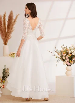 JJsHouse Robe Trapèze Col V Asymétrique Dentelle Tulle Robe De Mariée Avec Brodé Paillettes -Voiles mariée soldes da3c7673d5fe48612e72119b1d84e7bd