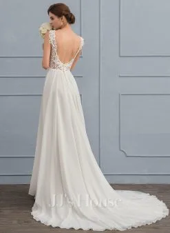 JJsHouse Robe Trapèze Col V Traîne Moyenne Mousseline Dentelle Robe De Mariée -Voiles mariée soldes eac0dc54fc8c7a426fbd3ff10dd702fc