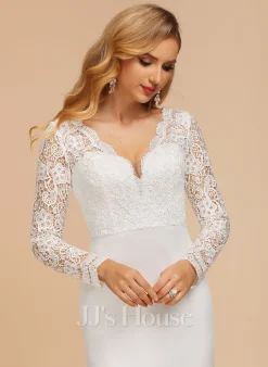 JJsHouse Forme Sirène/trompette Col V Balayage/pinceau Train Mousseline Dentelle Robe De Mariée -Voiles mariée soldes f391ed4e97f6dc73328524a76fca58f6