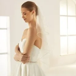 S308 - Bianco Evento Voile Court Bordure Perles De Verre