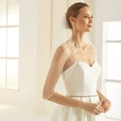 S309 - Bianco Evento Voile Mi Long Bordure Perles De Verre