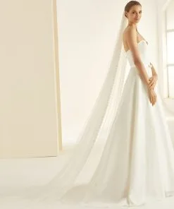 S352 - Bianco Evento Voile Long Dentelle Ivoire Bohème