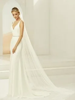 S388 Bianco Evento - Voile Mariage Ivoire Long à Bordure Festonnée