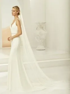 S389 Bianco Evento - Voile Mariage Ivoire Long Avec Bordure Satin