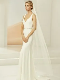 S402 Bianco Evento - Voile Mariée Long Bordure Perles De Verre