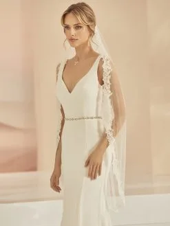 S409 Bianco Evento - Voile Mariée Mi-long Dentelle à Sequins Et Perles