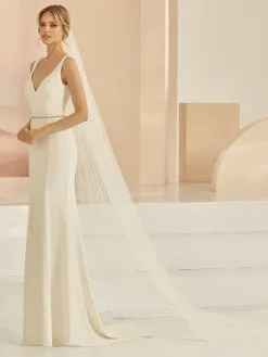 S416 Bianco Evento - Voile Mariée Très Long Appliques Dentelle